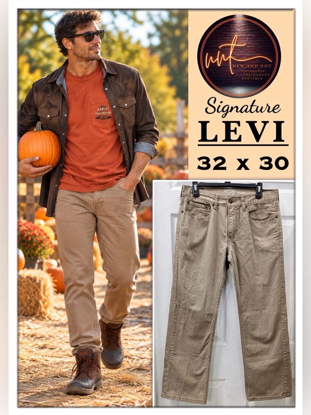 Levi Strauss Signature Men’s Jeans 32x30 Tan Khaki Straight Leg 100% Cotton